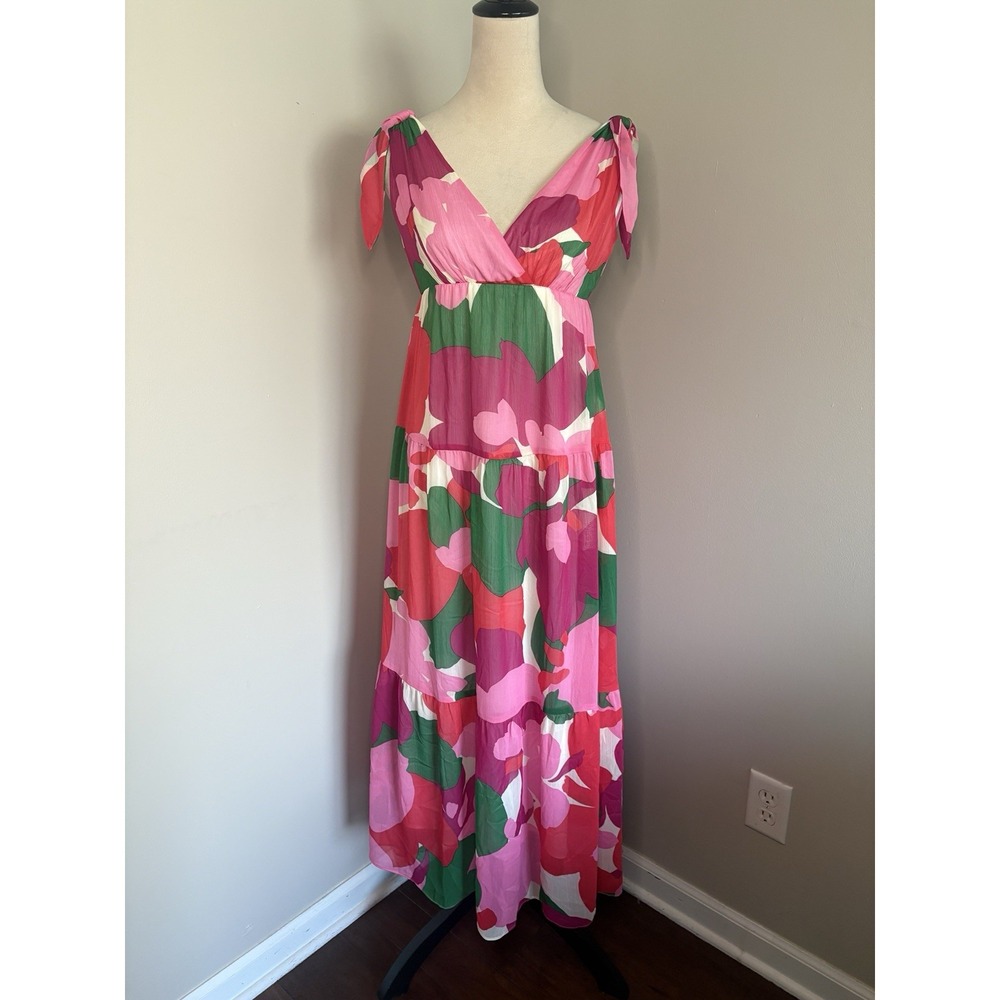Donna Morgan Chiffon Tiered Maxi Dress Tie Shoulder Pink Green Floral Sz 0